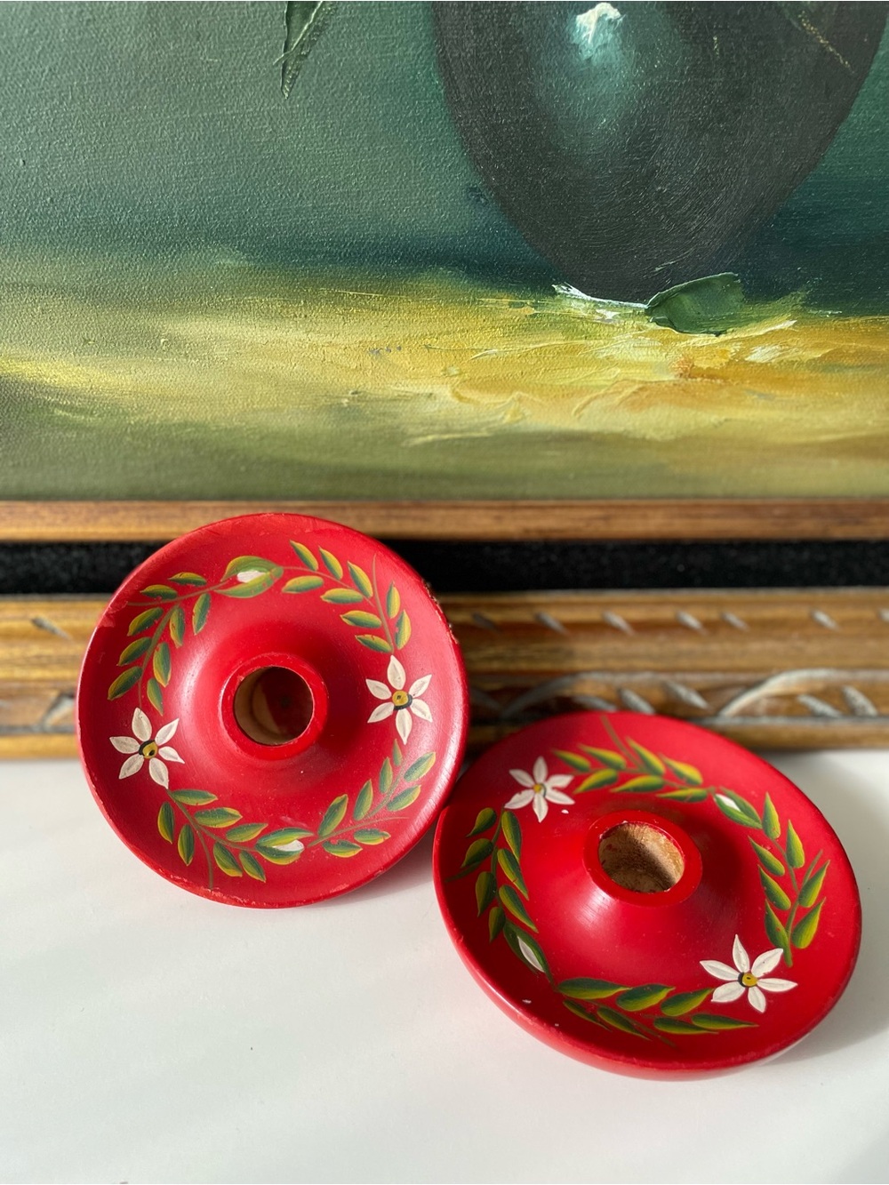 Swedish Red Floral Wooden Hand Painted Candle Holders. Scandinavian folk art. - Picture 3 of 9